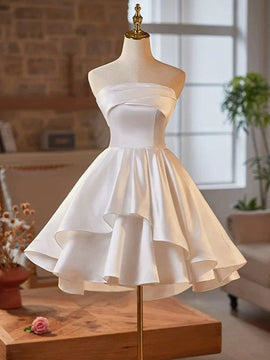 White Satin Scoop Knee Length Homecoming Dress, White Satin Short Party Dress Graduation Dress