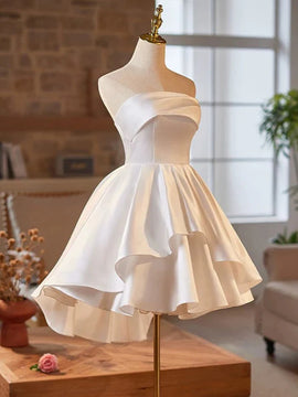 White Satin Scoop Knee Length Homecoming Dress, White Satin Short Party Dress Graduation Dress