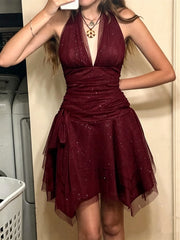 A-line Wine Red Shiny Tulle V-neckline Homecoming Dress, Wine Red Short Party Dress