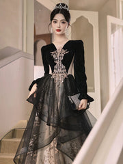 Black Velvet and Tulle Long Sleeves with Lace Prom Dress, A-line Black Floor Length Party Dress