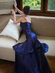 Chic Navy Blue Satin Straps Sweetheart Mermaid Prom Dress, Navy Blue Long Party Dress