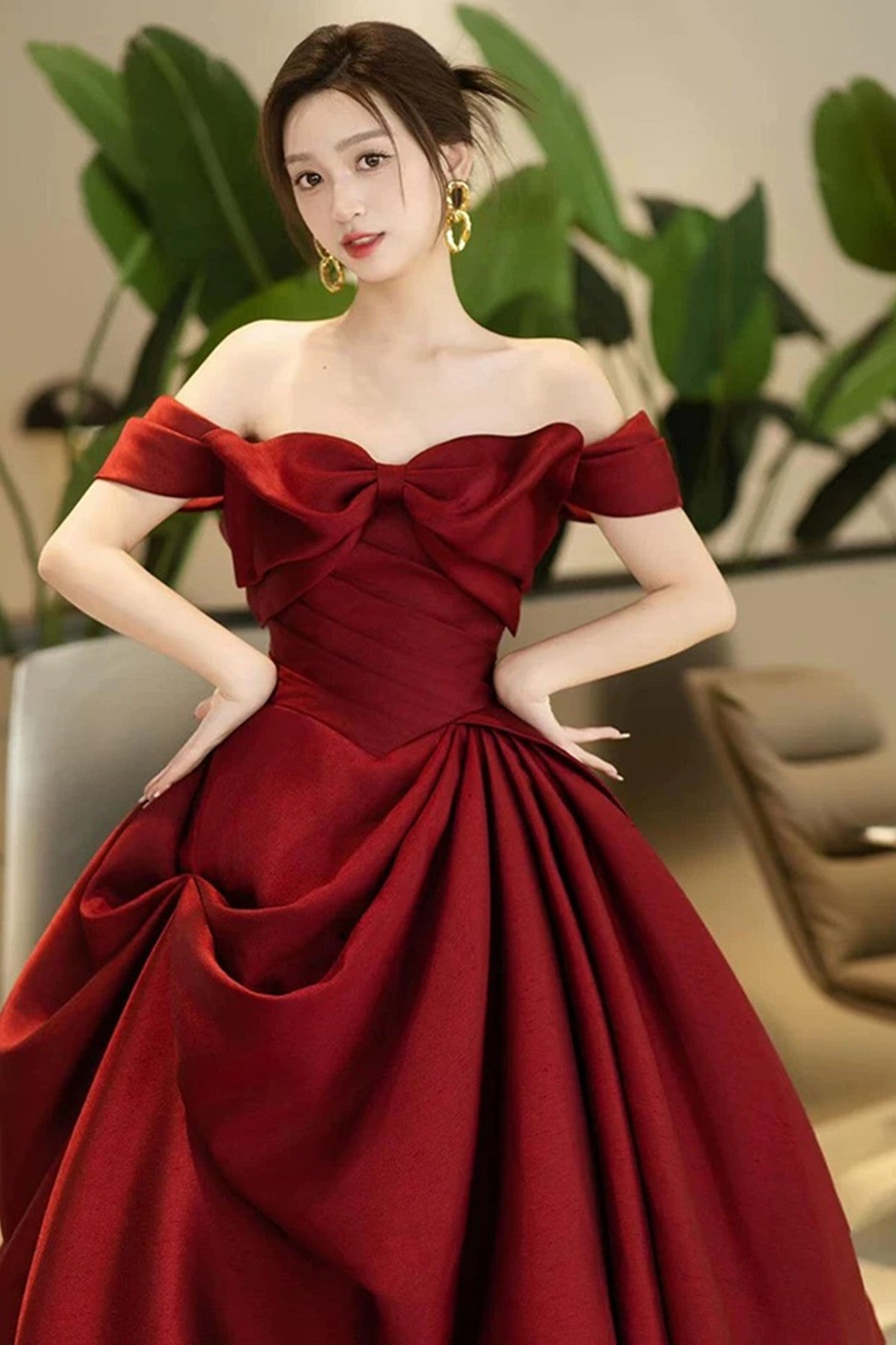 Wine Red Satin Sweetheart Off Shoulder Party Dress with Bow, Wine Red Satin Prom Dress