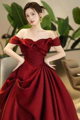 Wine Red Satin Sweetheart Off Shoulder Party Dress with Bow, Wine Red Satin Prom Dress