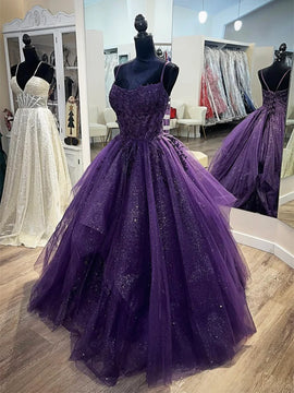 Dark Purple Tulle with Lace Applique Straps Party Dress, Dark Purple Prom Dress