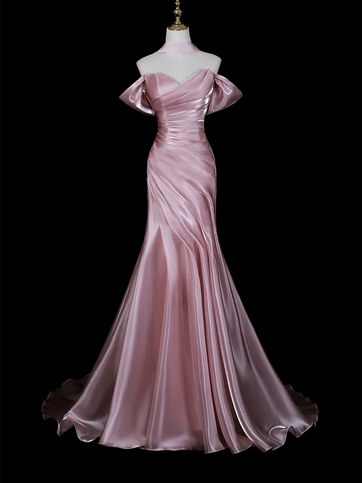 Pink Satin Off Shoulder Mermaid Prom Dress, Pink Long Formal Dress Wedding Party Dress