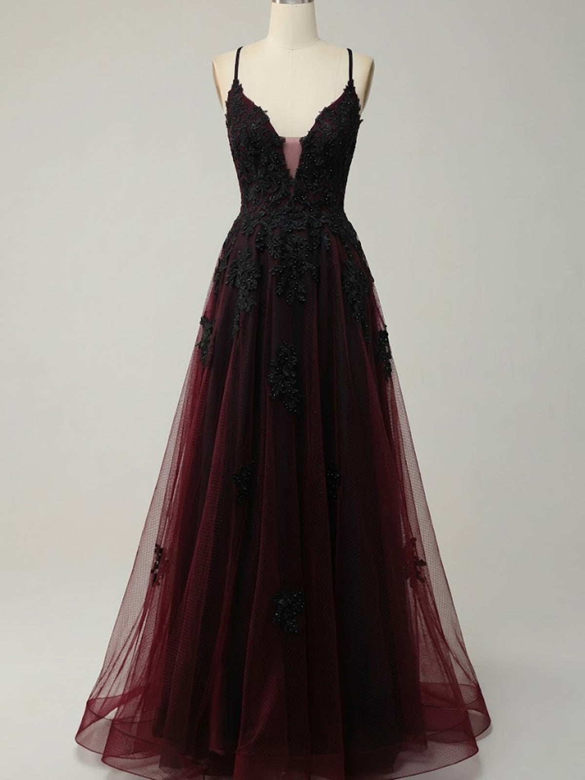 A-line Black and Red Gothic V-neckline Prom Dress, Lovely Long Straps Party Dress with Lace Applique