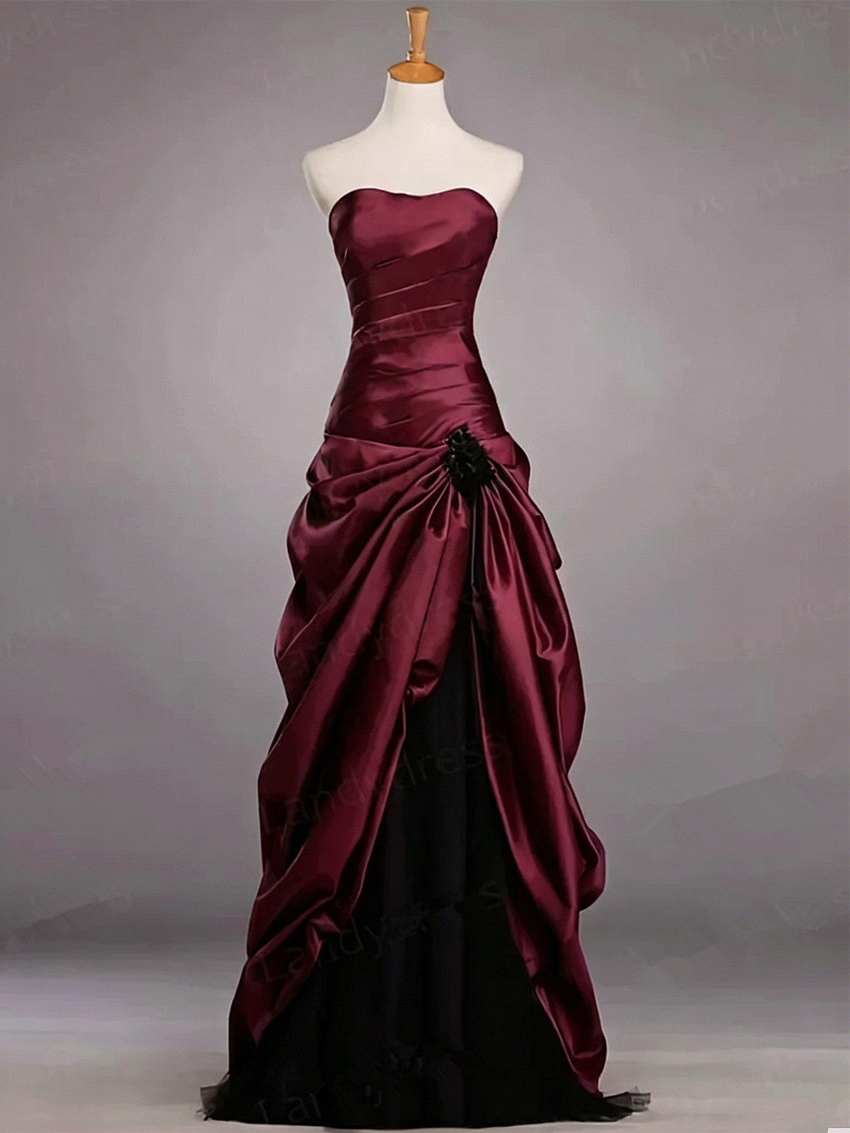 Burgundy Strapless A-line Long Evening Dress with Black Tulle, Burgundy Satin Prom Dress