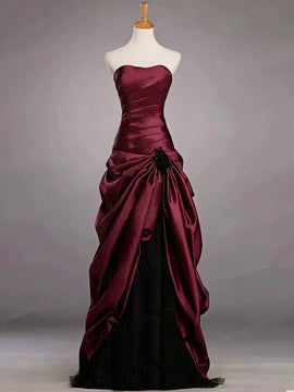 Burgundy Strapless A-line Long Evening Dress with Black Tulle, Burgundy Satin Prom Dress