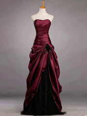 Burgundy Strapless A-line Long Evening Dress with Black Tulle, Burgundy Satin Prom Dress