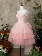 Pink Tulle Sweetheart Straps Knee Length Party Dress, Pink Tulle Homecoming Dress
