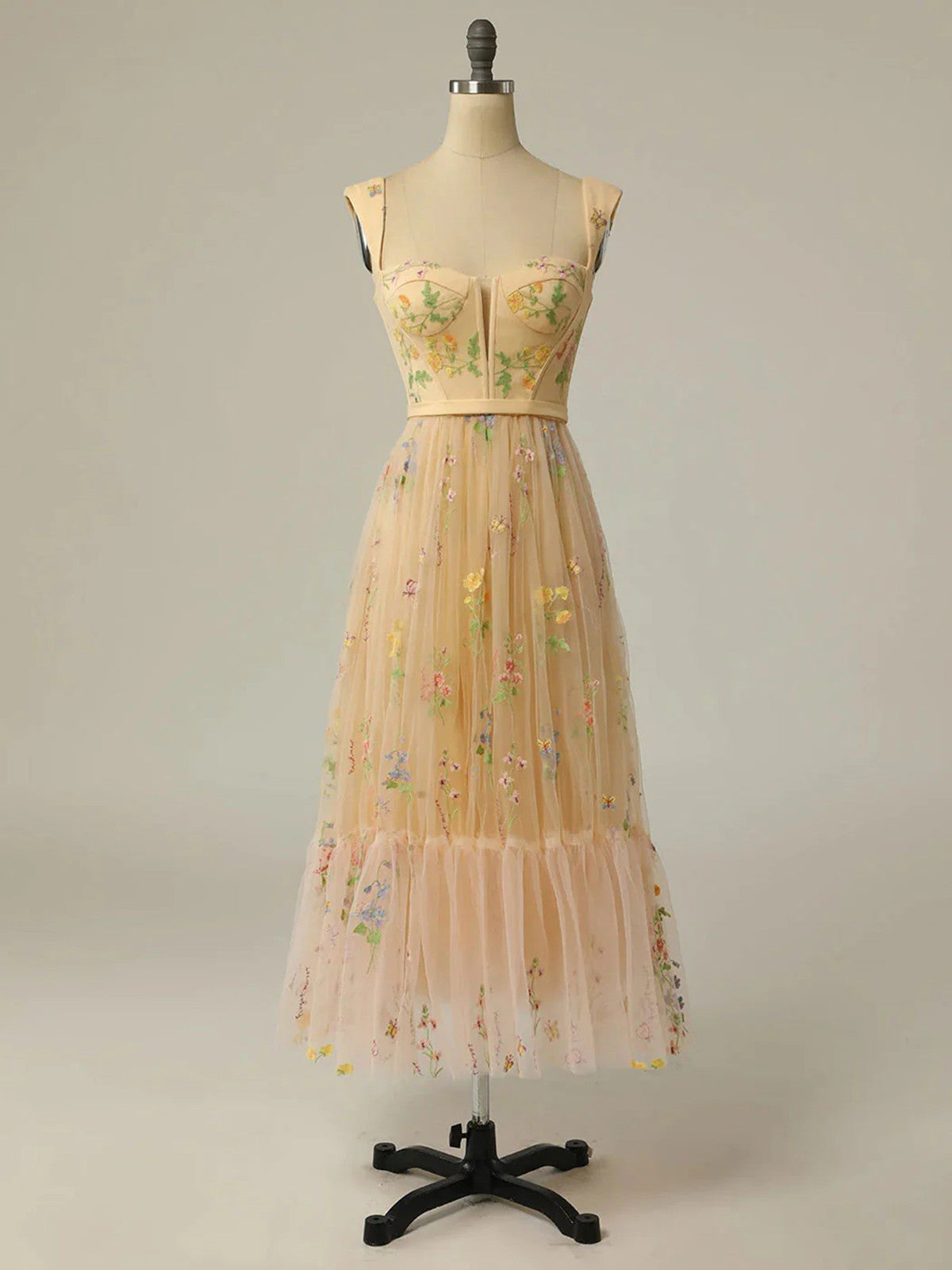 Champagne Floral Tulle Straps Tea Length Party Dress, Floral Tulle Formal Dress Evening Dress