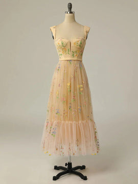 Champagne Floral Tulle Straps Tea Length Party Dress, Floral Tulle Formal Dress Evening Dress