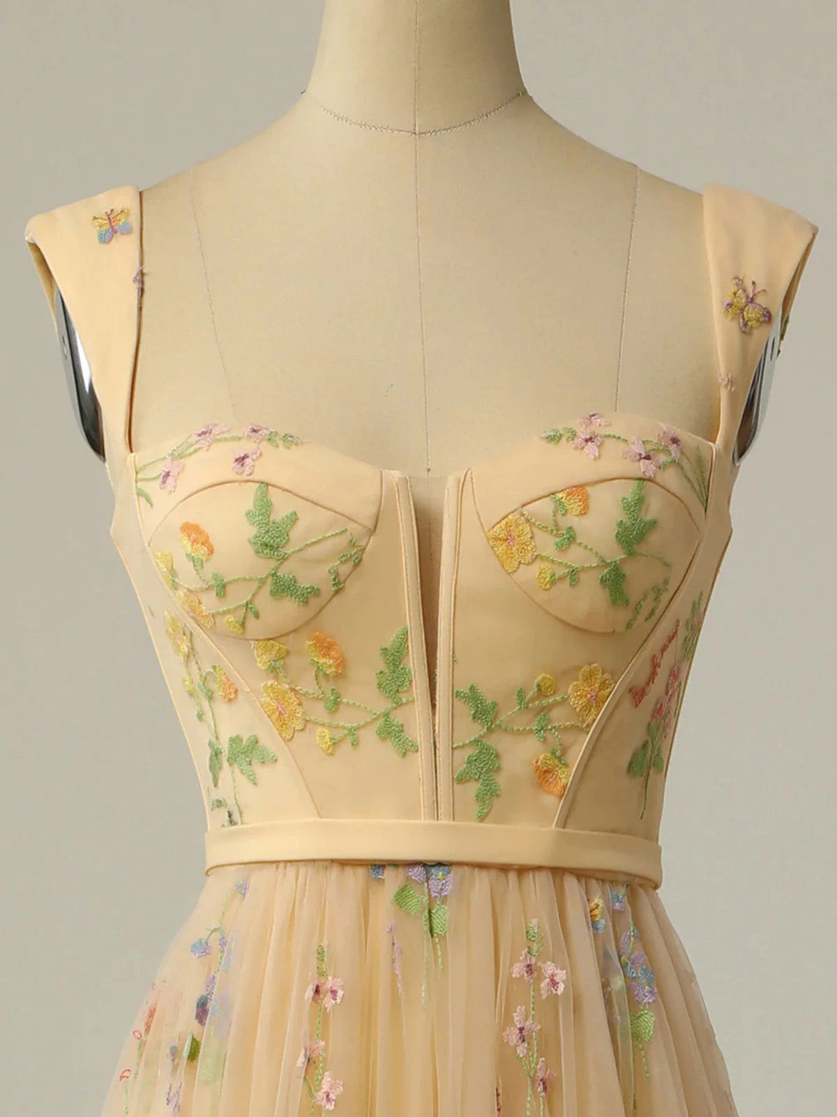 Champagne Floral Tulle Straps Tea Length Party Dress, Floral Tulle Formal Dress Evening Dress