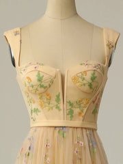 Champagne Floral Tulle Straps Tea Length Party Dress, Floral Tulle Formal Dress Evening Dress