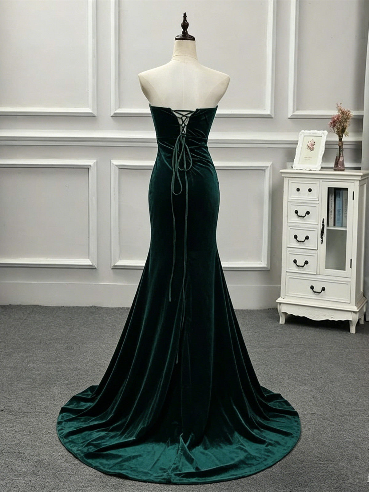 Green Velvet Mermaid Strapless Long Formal Dress, Green Wedding Party Dress Evening Dress