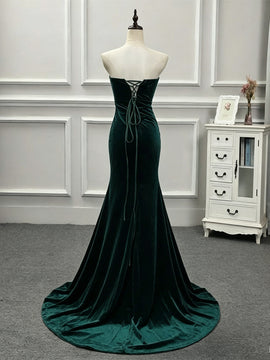Green Velvet Mermaid Strapless Long Formal Dress, Green Wedding Party Dress Evening Dress