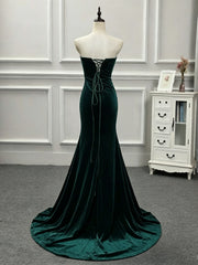 Green Velvet Mermaid Strapless Long Formal Dress, Green Wedding Party Dress Evening Dress