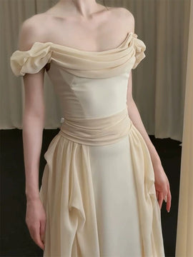 Lovely Off Shoulder Chiffon and Satin Long Prom Dress, Long Satin Evening Dress Party Dress