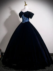 Navy Blue Velvet Off Shoulder with Lace Formal Dress, Navy Blue Velvet Party Dress Evening Dress