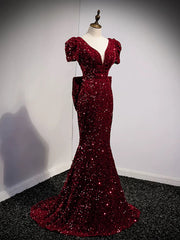 Wine Red Mermaid Sequins Long Prom Dress Party Dress, Wine Red Long Evening Dress