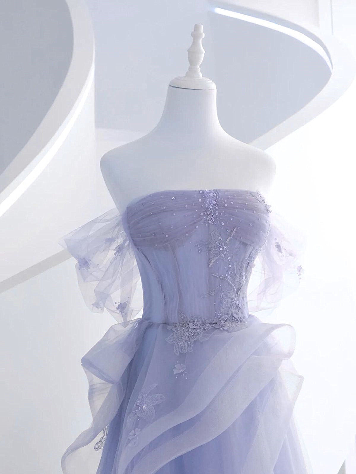 Light Purple Scoop Long Tulle Party Dress with Lace, Light Purple Strapless Prom Dress