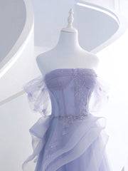 Light Purple Scoop Long Tulle Party Dress with Lace, Light Purple Strapless Prom Dress