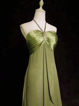 Green Halter Chiffon Simple A-line Party Dress, Green Floor Length Prom Dress