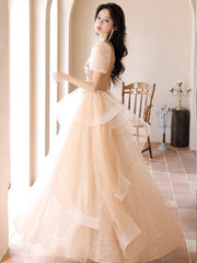 A-line Champagne Short Sleeves Tulle with Lace Party Dress, A-line Tulle Long Prom Dress