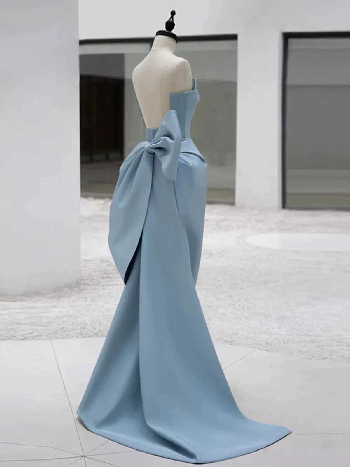 Light Blue Satin Low Back Long Party Dress with Bow, Light Blue Satin Prom Dress