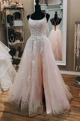 Pink Tulle  Lace Appliques A Line Open Back Long Prom Dress, Pink Party Dress