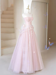 Lovely A-line Tulle Strapless Long Party Dress with Lace, Pink Tulle Prom Dress