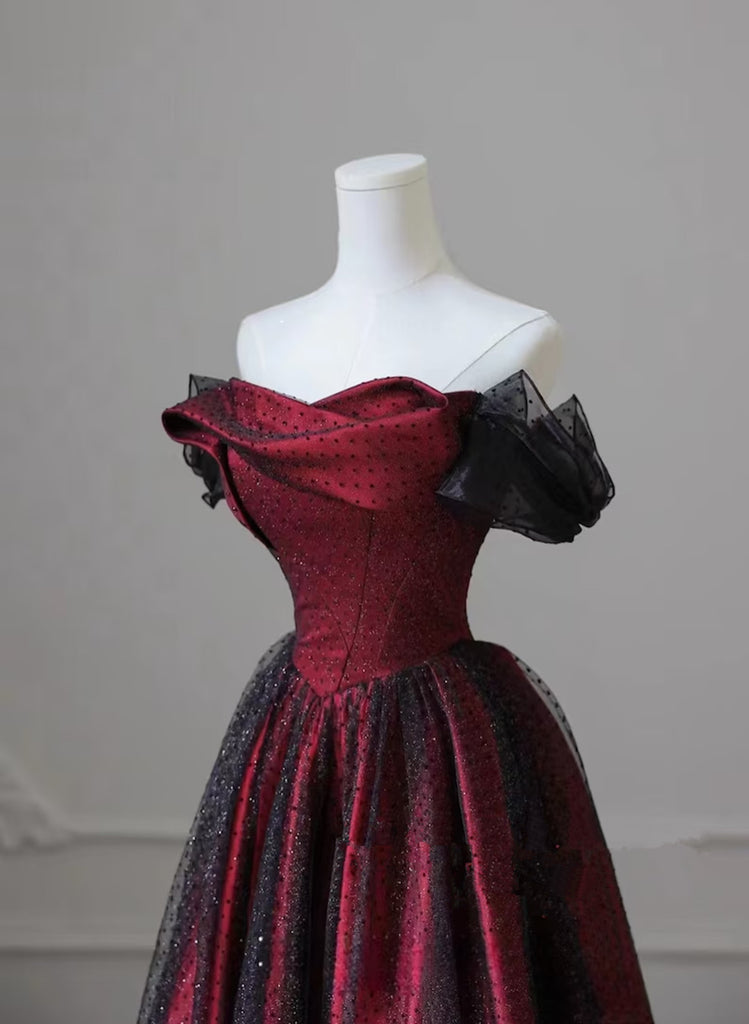 Black and Red Sweetheart Long Party Dress, A-line Off Shoulder Black and Red Prom Dress main image 1