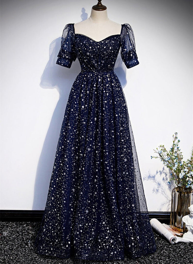 A-line Navy Blue Tulle Simple Prom Dress, Navy Blue Tulle Evening Dres