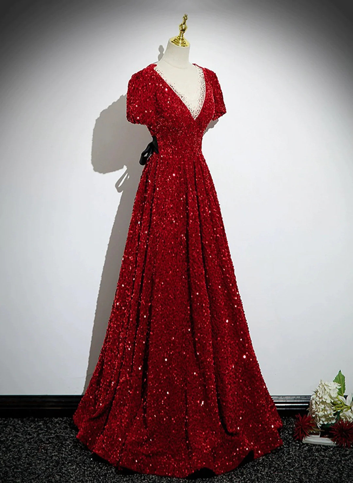 red paillettes dress Sparkly Red Sequins Mermaid V-neck Long Prom Dresses With High Slit, MP953