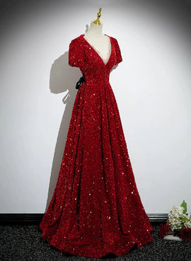 Wine Red Sequins V-neckline Short Sleeves Party Dress, Wine Red Evening Dress