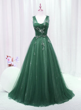 A-line Tulle V-neckline Sweetheart Beaded Long Party Dress, Gree Tulle Prom Dress