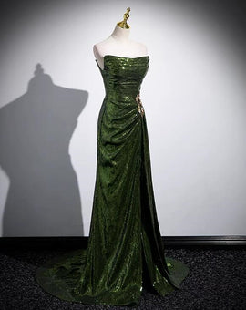 Green Sequins Mermaid Long Prom Dress with Leg Slit, Green Sequins Party Dress