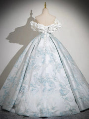 A-line Floral Satin Off Shoulder Sweetheart Formal Dress, Floral Satin Long Prom Dress