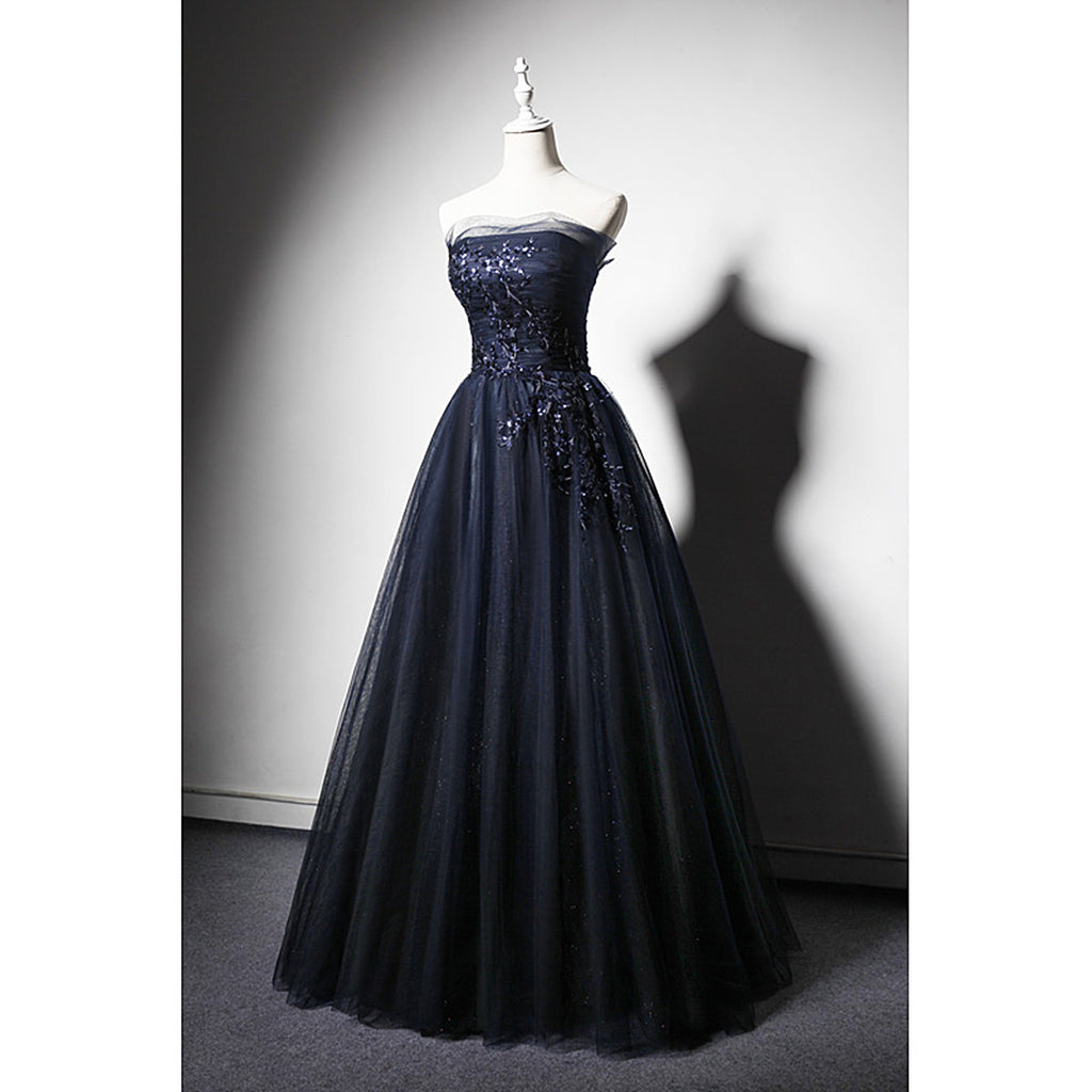 Navy Blue tulle long prom dress blue evening dress A01 main image 1