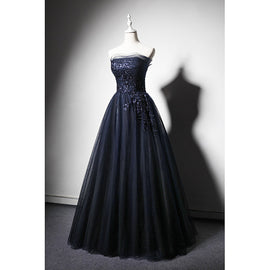 Navy Blue A-line Tulle with Lace Scoop Long Prom Dress, Navy Blue Evening Dress