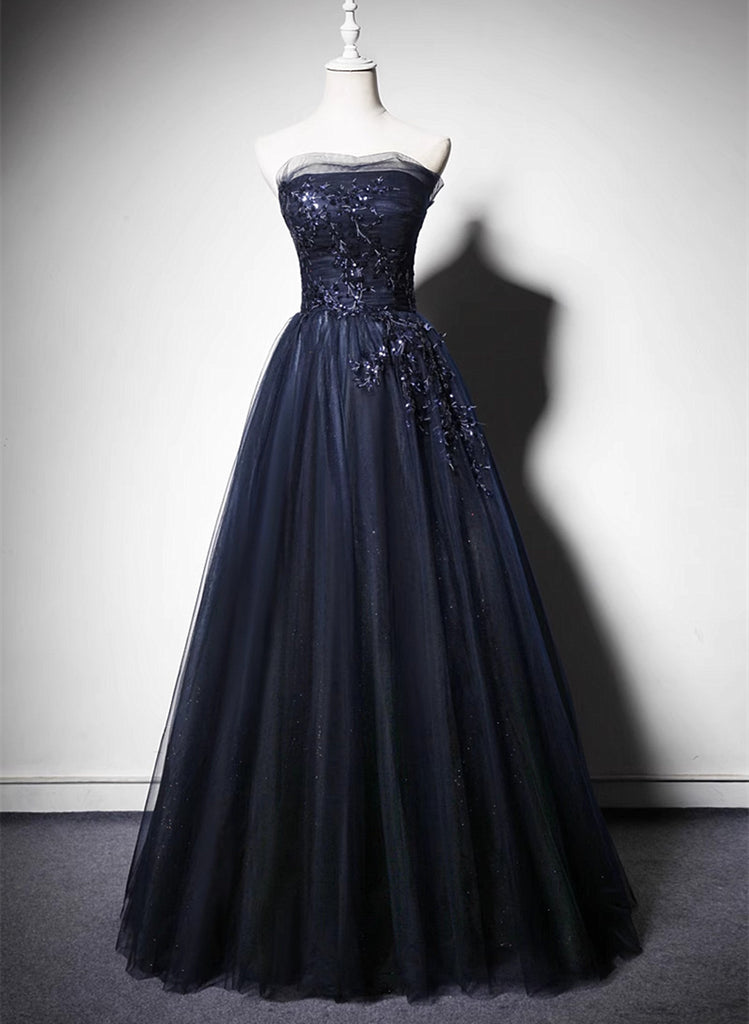 Navy Blue A-line Tulle with Lace Scoop Long Prom Dress, Navy Blue Even