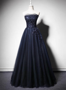 Navy Blue A-line Tulle with Lace Scoop Long Prom Dress, Navy Blue Evening Dress
