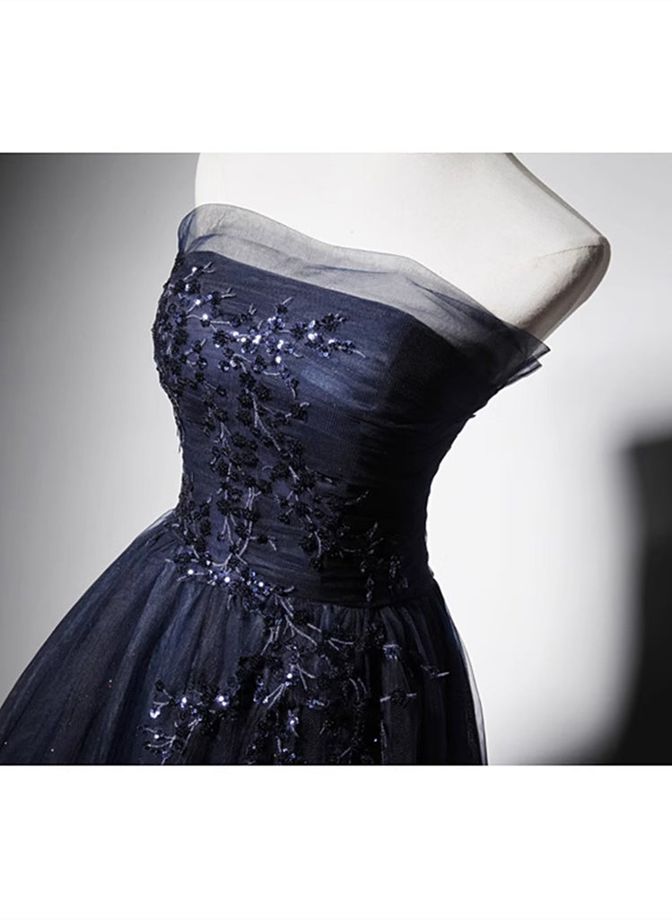 Navy Blue Velvet and Tulle A-line Long Sleeves Prom Dresses, Blue Bridesmaid Dresses main image 1