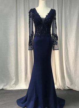 Navy Blue Mermaid Spandex Long Sleeves Prom Dress, Navy Blue Evening Dress