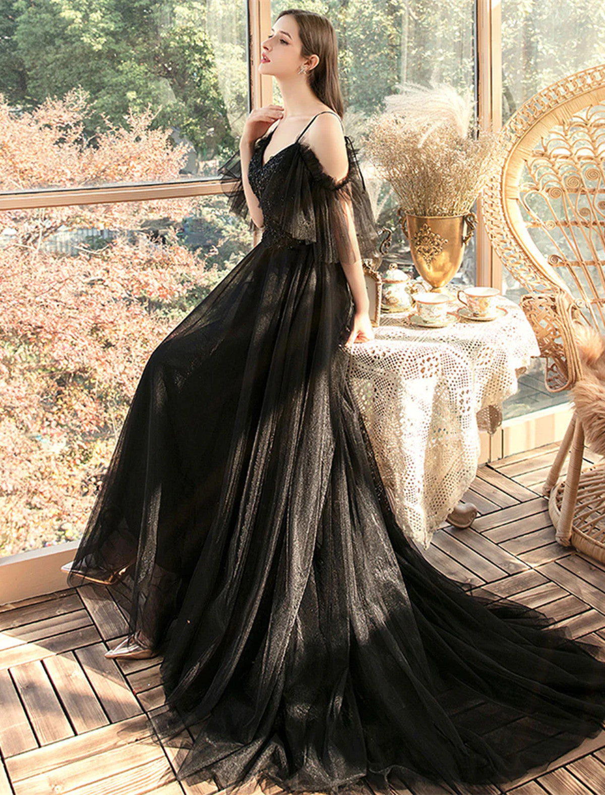 Black A-line Off Shoulder Tulle Beaded Prom Dress, Black Long Evening Dress