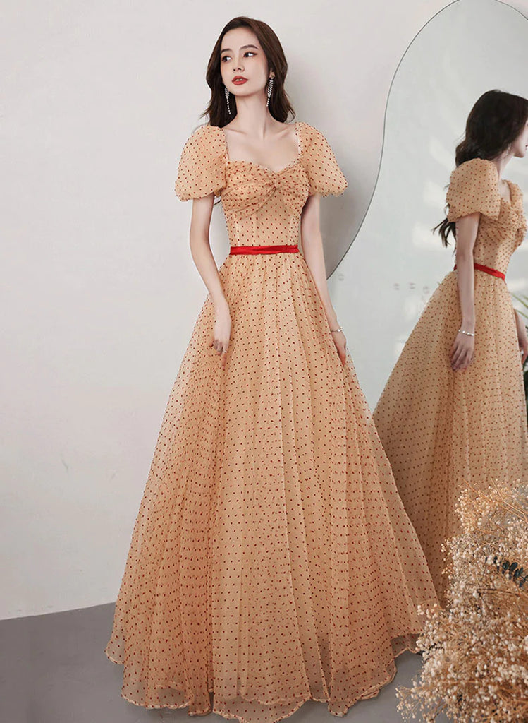 Champagne Sweetheart A-Line Strapless Tulle Long Prom Dress Formal Party Dress,DP1423