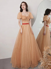 Champagne A-line Cute Tulle Long Prom Dress, Sweetheart Tulle Evening Dress