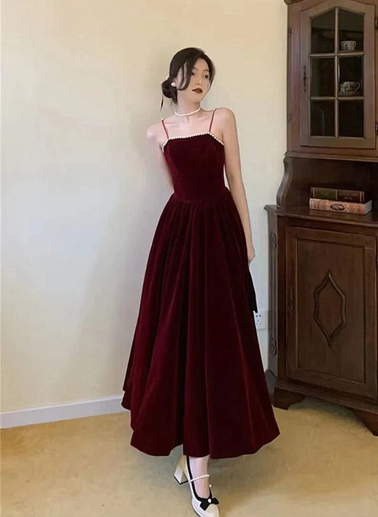 Aline Straps Wine Red Velvet Long Formal Dress, Wine Red Prom Dress
