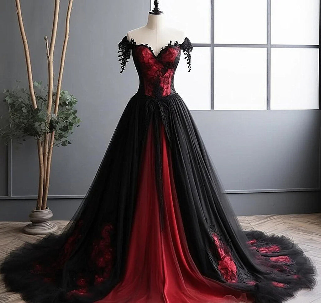 Elegant Black and Red Tulle with Lace Off Shoulder Gown, Black and Red