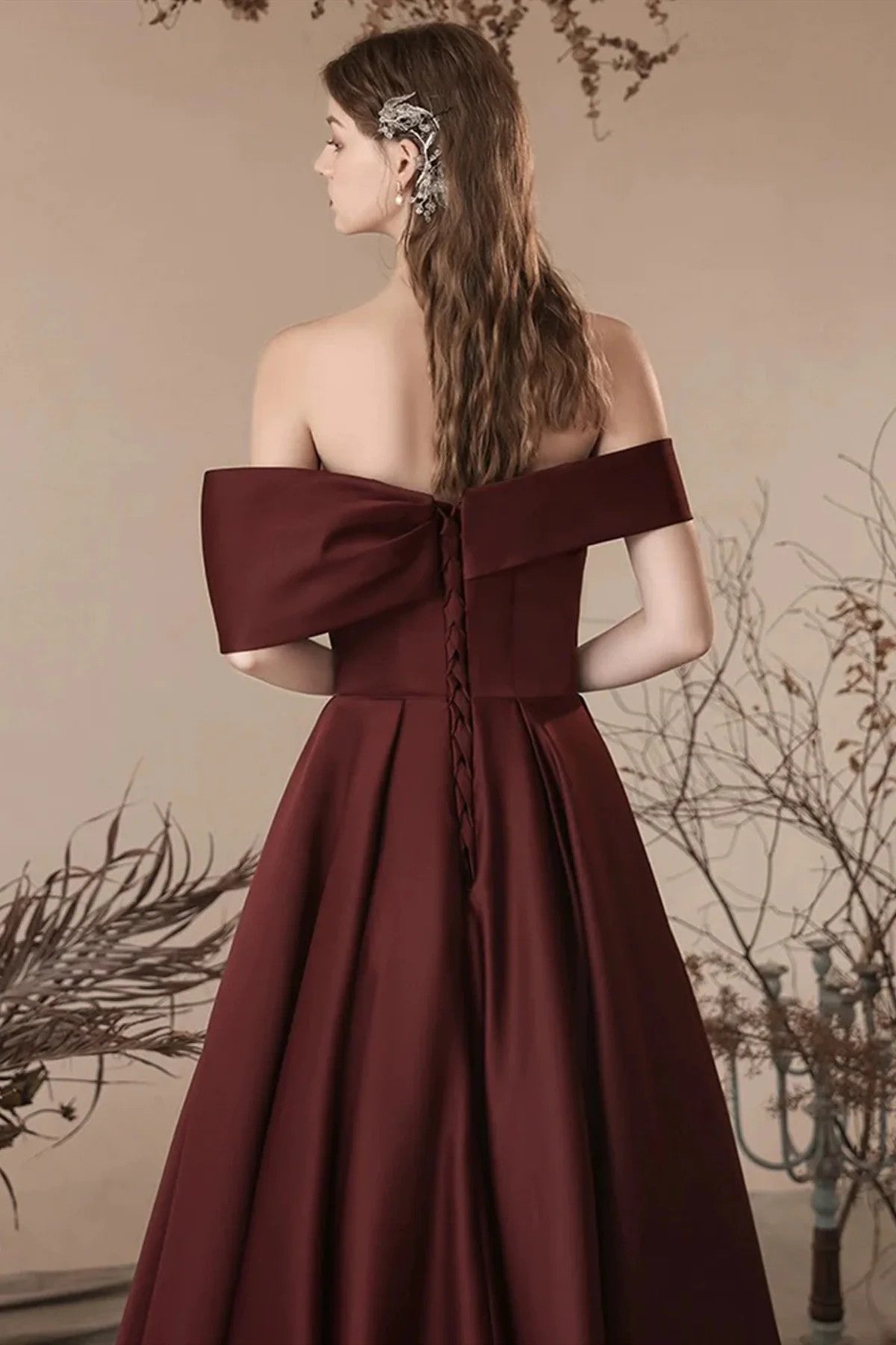 Chic Burgundy Satin Off Shoulder Party Dress, Satin Simple Prom Dress – Cutedressy